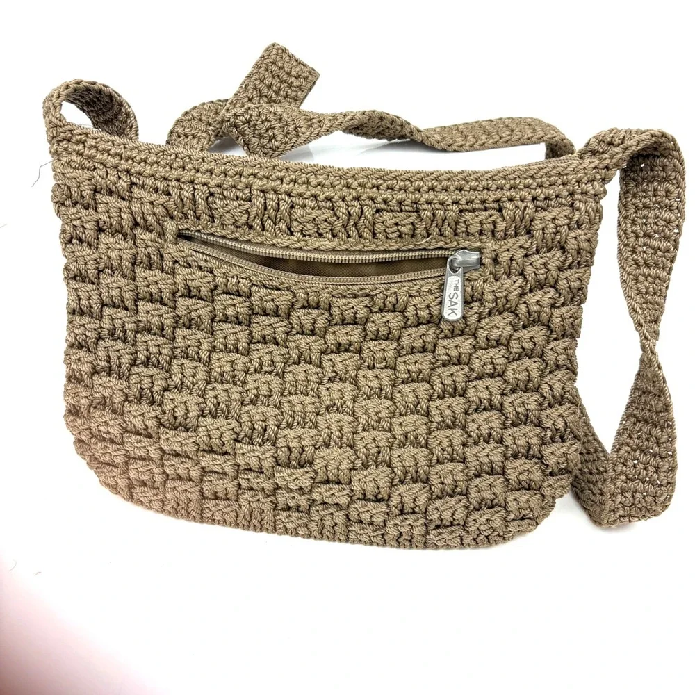Y2K Vintage The Sak Hand-Crochet Basketweave Shoulder Bag - Taupe/Beige Pristine
